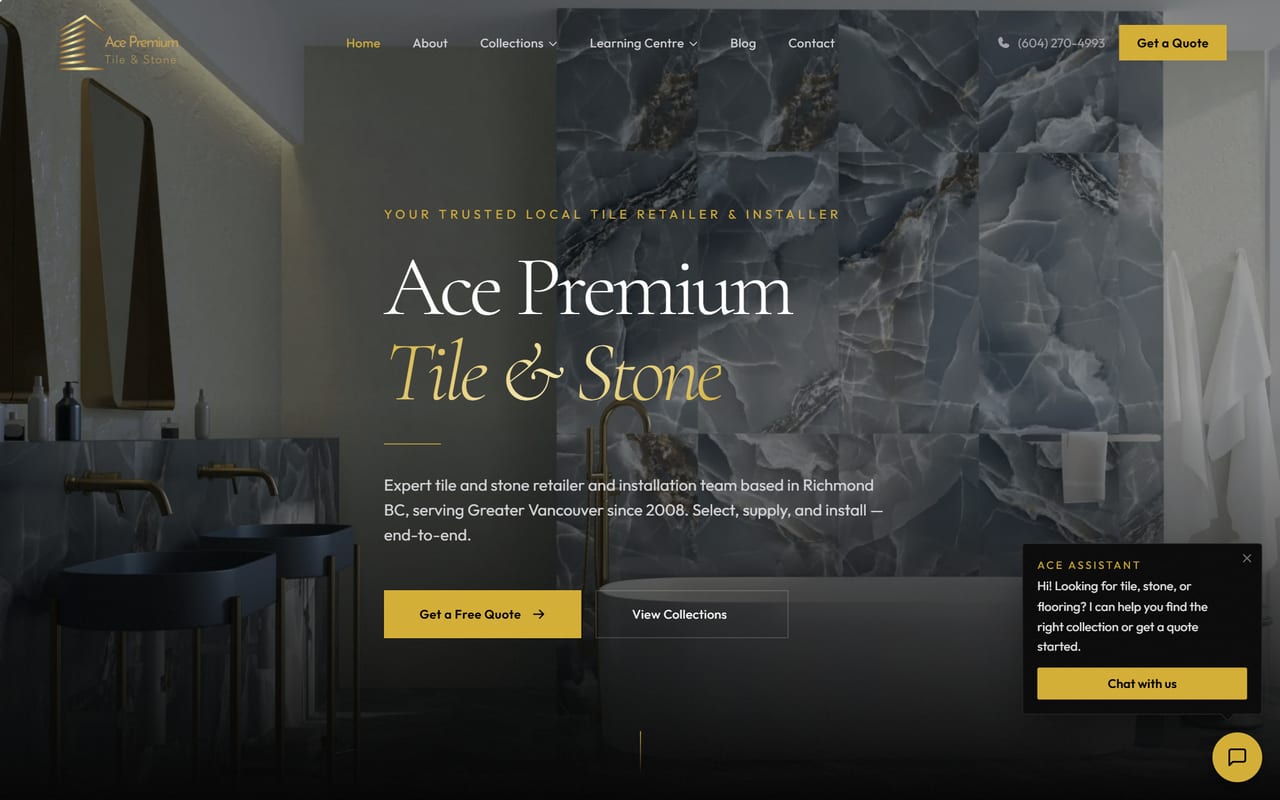 Ace Premium Tile and Stone website, tile showroom in Richmond BC, designed and built by Vanguard Media